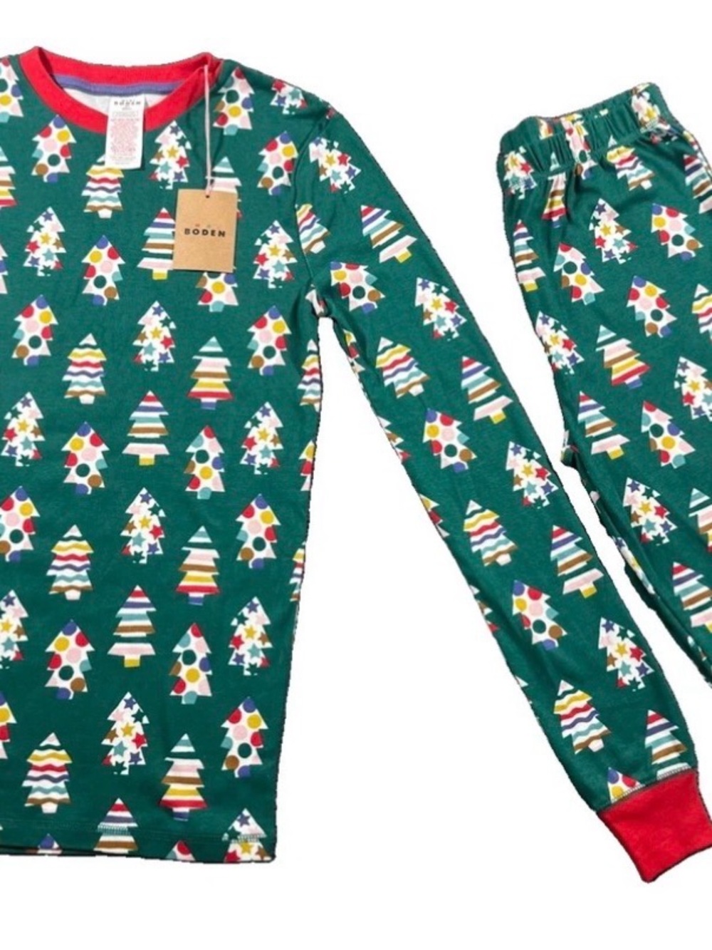 Mini Boden Kids Christmas Pajama Set 14Y Green Tree Print Organic Cotton NWT